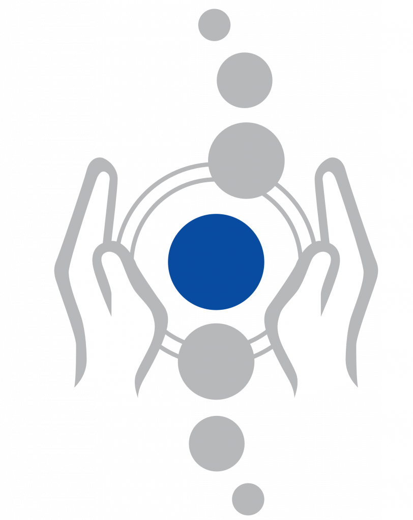 Logo der AHNF, bestehend aus stilisierten Händen in Grau, die einen blauen Kreis umgeben, mit grauen Kreisen darüber und darunter.