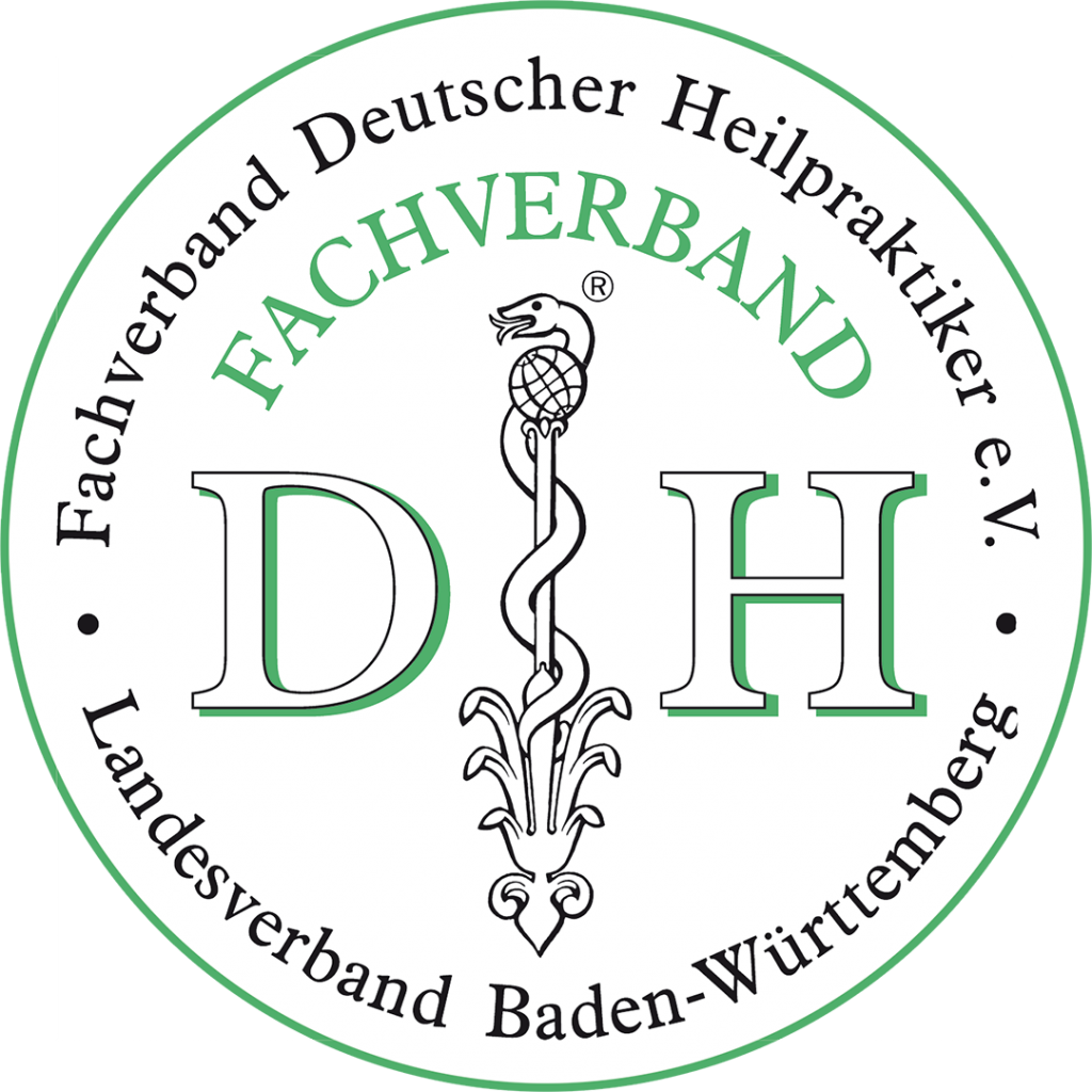 Logo des Fachverbands Deutscher Heilpraktiker e.V. mit dem Schriftzug 'FACHVERBAND' und den Buchstaben 'D H' in einer stilisierten Darstellung des Äskulapstabs, umgeben von einem Kreis mit der Aufschrift 'Landesverband Baden-Württemberg' von Heilpraktikerin Katrin Zähle