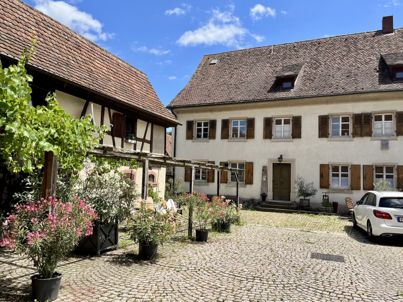 Hofansicht mit einem zweigeschossigen Gebäude mit braunen Fensterläden und einem niedrigeren, älteren Gebäude links. Im Vordergrund blühende Pflanzen in Töpfen und ein gepflasterter Innenhof. Ihre Praxis im Dreiländereck.